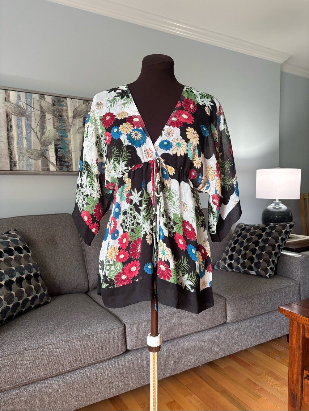 Sheer Floral V-Neck Y2K Kimono Top - Black Multi